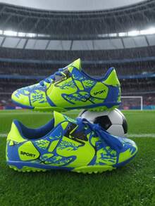 1 Pair Blue-Green Gradient Camouflage Pattern Dream Football Cleats, Studded, Fast, Anti-Slip, Hook-And-Loop Easy On/Off, Lightweight And Breathable (Asymmetrical Camouflage Pattern And Color On Upper) - Green - View 6