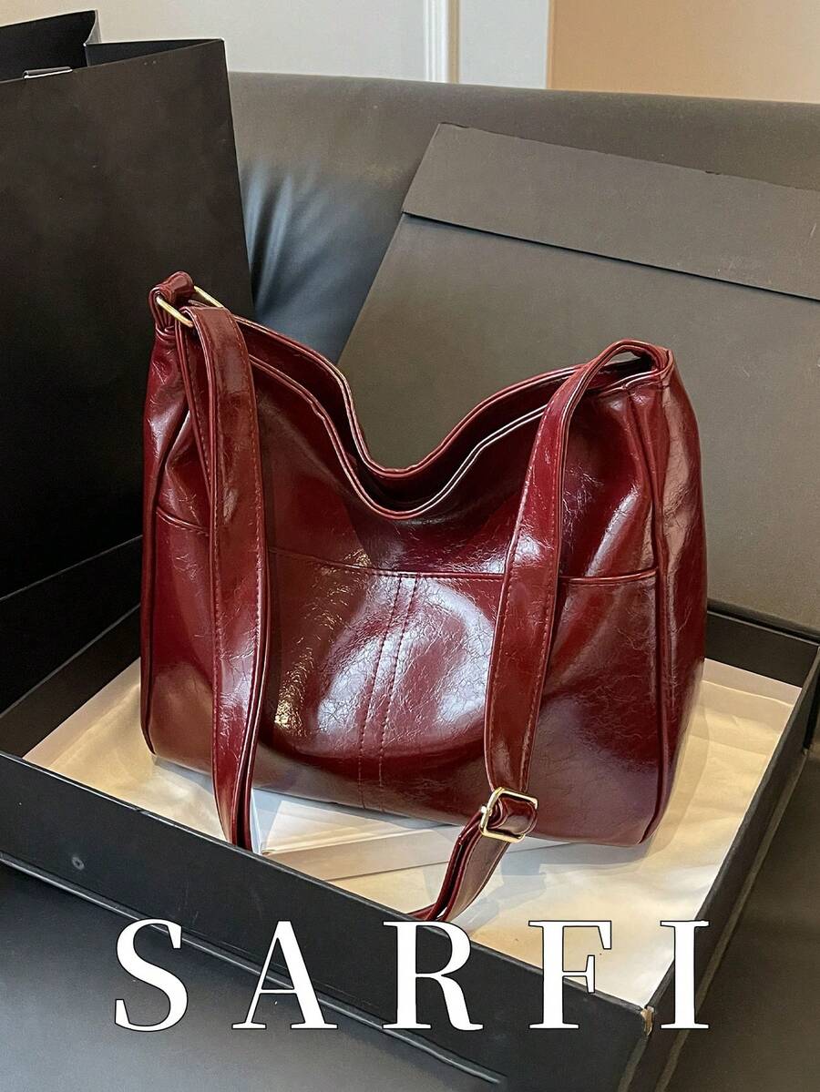 经典休闲简约女士斜挎包,时尚酒红色单肩包,适合夏季,简约纯色褶皱纹理设计,可调节肩带 - 酒紅色 - 查看 1