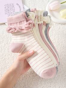 4 Pairs Women's Cute Sweet Breathable Floral Striped Pattern Forest Style Lace Mid-Calf Socks Short Socks White Socks Gray Socks Casual Comfortable Preppy Student Socks Fashion Comfortable Random Color Suitable For Daily Wear Spring Summer Autumn Winter All Seasons - Multicolor - View 9