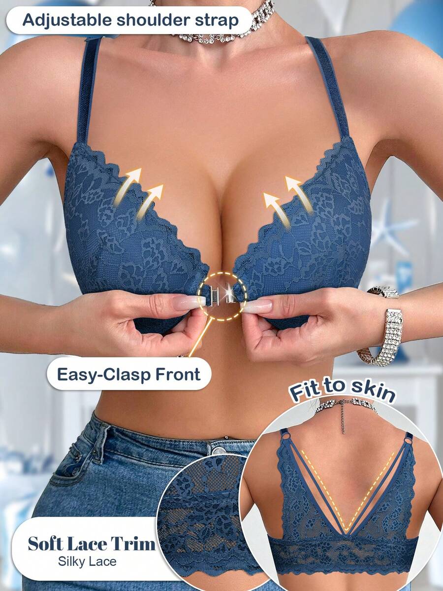 Women's Front Closure Lace Underwire Push-Up Bra - U-Shaped Back Design, Shapes Back Curves, Lifts Bust, Sexy And Comfortable, Fashionable And Versatile, Suitable For Daily And Special Occasions