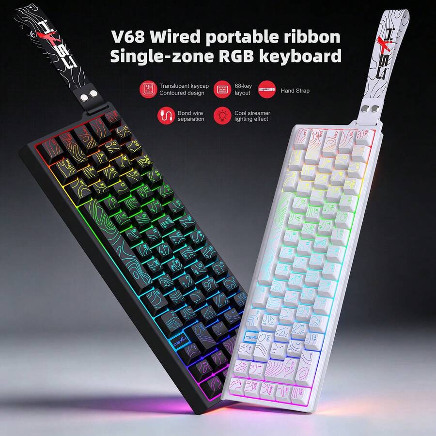 HXSJ A New V68 68 Key Wired Membrane Keyboard, RGB Lighting, USB-C Detachable Cable, Contoured Keycaps, Portable, Plug And Play, For Gaming, Home Office Use - View 1
