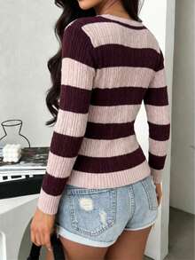 Women's Autumn New Colorblock Striped V-Neck Chunky Knit Sweater, Casual College Commute Travel, Vintage Sweet & Spicy V-Neck Slim Fit, Suitable For Daily Commute, School And Streetwear, Cable Knit - Pink and Wine Red - View 9