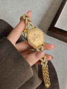 1件金色女款手錶，極簡新風格，鑲鑽優雅時尚，休閒百搭石英錶，適合日常裝飾 - 金色 - 查看 2