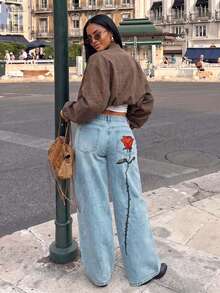 Low Waist Wide Leg Casual Blue Slant Pocket Curved Women Jeans Fall - Blue - View 7