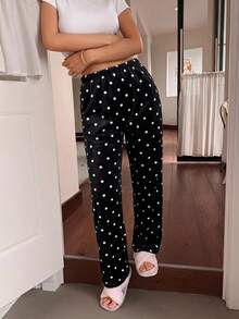 1pc Women's Mini Polka Dot Print Soft Comfortable Flannel Thermal Lined Pajama Pants, Autumn/Winter - Black - View 3