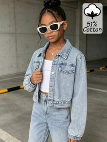 1pc Tween Girl Autumn/Winter Vintage Street Minimalist Denim Jacket, Suitable For Outdoor, Vacation, Street Fashion, Back To School - Light Wash - View 8