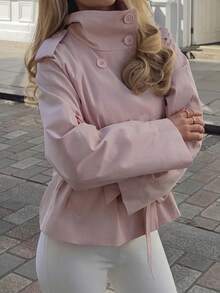 Autumn/Winter Pink Women's Tie-Front Button-Up Stand Collar Long Sleeve Mid-Length Trench Coat, Suitable For Dating And Commuting - Pink - View 5