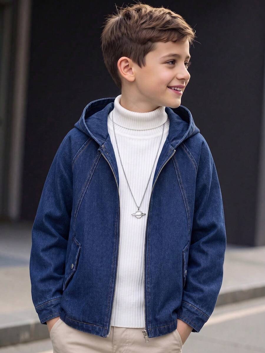 Tween Boy Casual Fashion College Streetwear Open Front Hooded Thermal Lined Patchwork Jacket, Autumn/Winter - Navy Blue - View 1