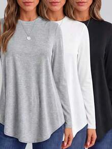 3pcs Kaos Rajut Lengan Panjang Leher Bulat Wanita, Potongan Reguler, Bahan Elastis Sedang, Pakaian Sehari-hari Penting untuk Musim Gugur - Hitam, putih dan abu-abu - View 1