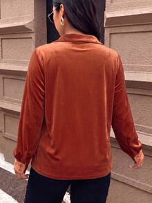 Plus Size Velvet Cowl Neck Blouse, Long Sleeve Shirt, Women's Autumn Clothing - Coral Orange - View 3