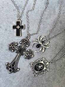 4pcs Cool Gothic Style Alloy Photo Frame Spider Cross Pendant Necklace Suitable For Women Street Party Wear - Multicolor - View 2
