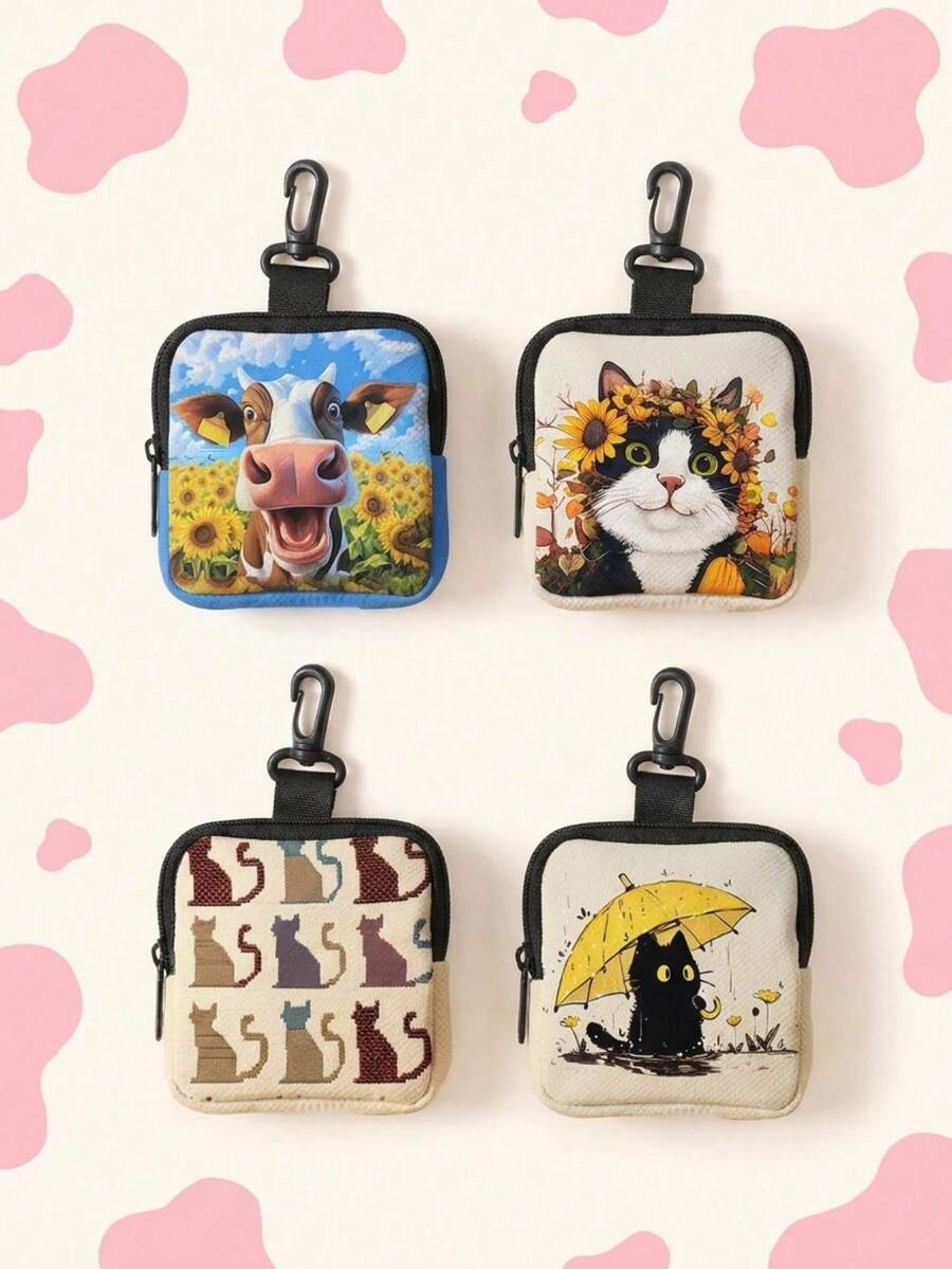 Double-Sided Animal Print Mini Coin Purse, Portable Multi-Function Small Bag, Suitable For Earphones, Keys, Cards, Cosmetics And Small Items