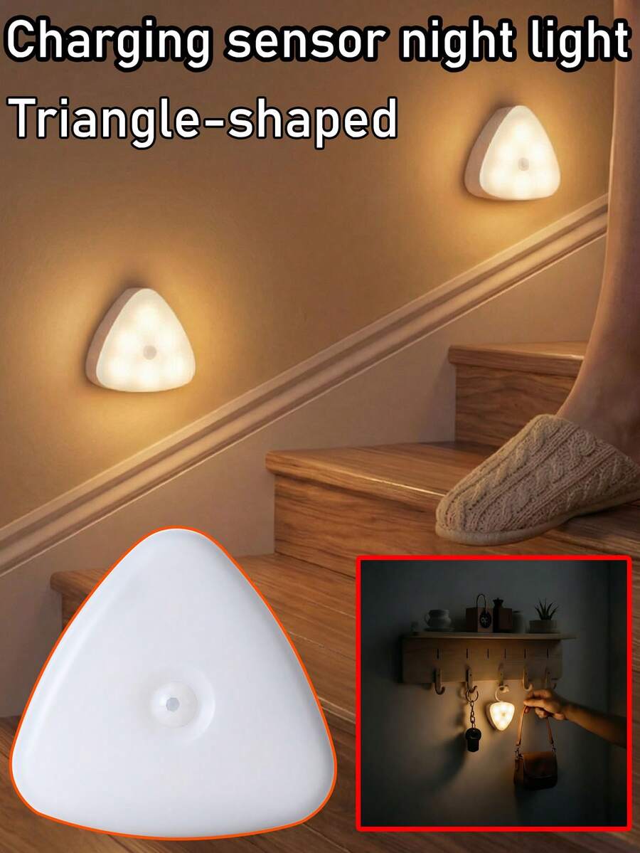 1 buah Lampu Malam LED Sensor Gerak Tempel, Lampu Dinding Isi Ulang Berbentuk Segitiga, Lampu Induksi 2 Warna yang Dapat Diredupkan untuk Lorong, Lemari, Samping Tempat Tidur - Lampu Malam Induksi Isi Ulang Berbentuk Segitiga - View 1