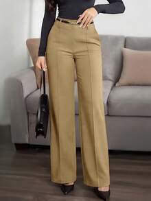 Jisfaneya Women's (No Belt) Solid-Color Pants With Side Pockets And Zippers-Elegant And Casual For The Office And Commute - Khaki - View 1