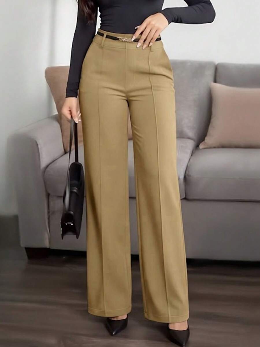 Jisfaneya Women's (No Belt) Solid-Color Pants With Side Pockets And Zippers-Elegant And Casual For The Office And Commute - Khaki - View 1