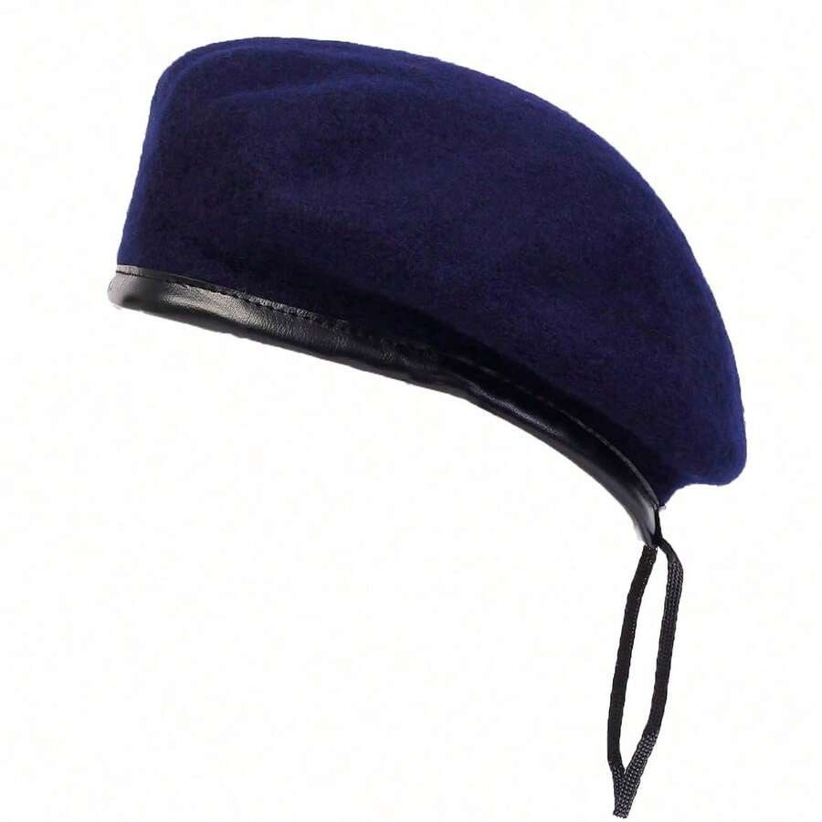1pc Men's Wool Beret Military Hat, Adjustable Outdoor Sun Protection Casual Cap, Suitable For Autumn/Winter - Navy Blue - View 1