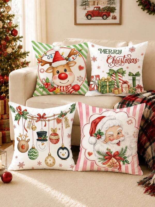 Christmas Cartoon Cute Santa Claus & Reindeer Pattern Cushion Covers 4pcs Set, Single-Sided Printed Peach Skin Velvet Polyester Material, 45*45CM Pillow Covers For Modern Fabric Sofa Indoor Decor, Party Decoration, Gift Giving