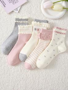 4 Pairs Women's Cute Sweet Breathable Floral Striped Pattern Forest Style Lace Mid-Calf Socks Short Socks White Socks Gray Socks Casual Comfortable Preppy Student Socks Fashion Comfortable Random Color Suitable For Daily Wear Spring Summer Autumn Winter All Seasons - Multicolor - View 3