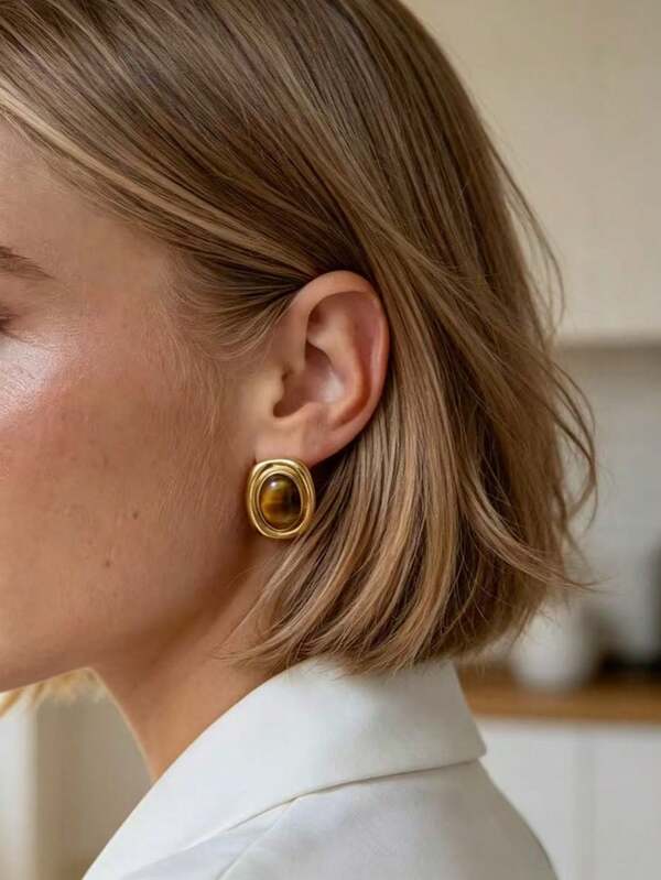 1 Pair Of European And American INS Influencer Style High-End Fashion Long Oval Inlaid Natural Stone Stainless Steel Autumn/Winter Earrings Studs