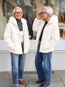 Women's Faux Fur Hooded Pocket Jacket - Perfect Choice For Autumn/Winter - White - View 8