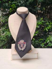 1pc JK School Style Tie-Free Women's Crown Emblem Embroidered Tie, Slouchy Zipper Design Black Versatile Shirt Accessory - Black - View 7