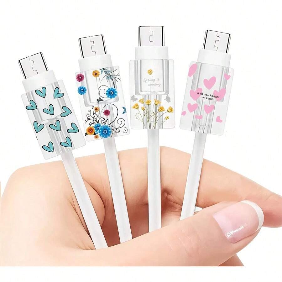 4 buah Pelindung Kabel Data Apple Motif Kupu-kupu/Bunga/Hati, Kompatibel dengan Charger 18-20W, Casing Pelindung Kepala Kecil untuk Mencegah Kerusakan - MultiWarna - View 1