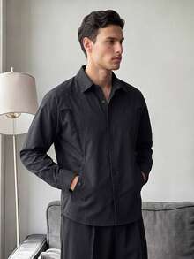 Men's Raglan Sleeve Functional Button Shirt, Pure Black Lightweight Windbreaker Style Long Sleeve Shirt - Black - View 3