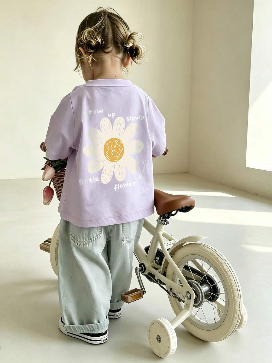 Blusa de manga corta con cuello redondo y estampado de margaritas minimalista para niñas bebé - Púrpura malva - Ver 1