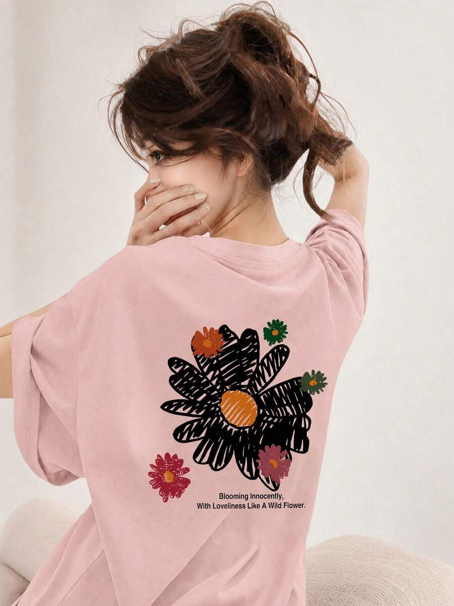Women's Loose Fit Round Neck Short Sleeve Letter & Floral Print T-Shirt, Spring/Summer Casual Pink - Pink - View 1