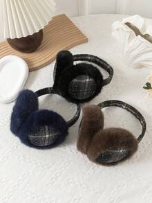 GARASSACC 1pc Women's Plaid Rhinestone Plush Warm Foldable Earmuffs - Multicolor - View 4