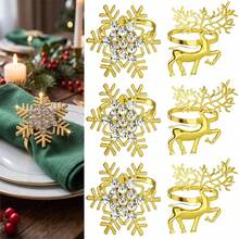3pcs Deer Napkin Rings + 3pcs Snowflake Napkin Rings, Exquisite Christmas Themed Napkin Rings - Gold - View 1