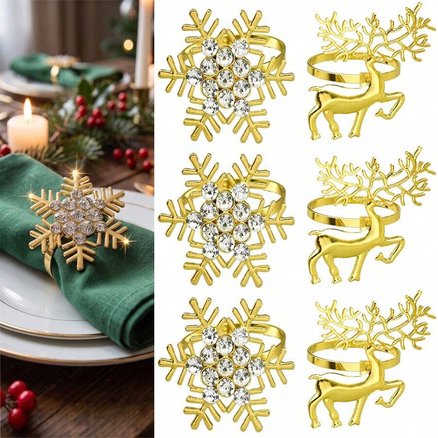 3pcs Deer Napkin Rings + 3pcs Snowflake Napkin Rings, Exquisite Christmas Themed Napkin Rings - Gold - View 1
