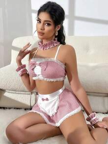 طقم واحد من زي الخادمة المثير باللون الوردي مع مريلة من الدانتيل، مناسب لحفلات النوادي الليلية والحانات والتنكر - بطيخ وردي اللون - مشاهدة 1