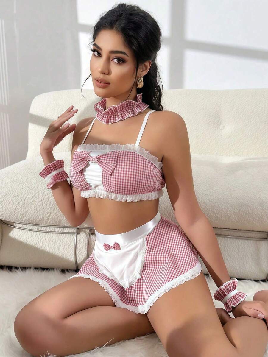 طقم واحد من زي الخادمة المثير باللون الوردي مع مريلة من الدانتيل، مناسب لحفلات النوادي الليلية والحانات والتنكر - بطيخ وردي اللون - مشاهدة 1