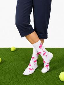 4 Pairs Women Flamingo Jacquard Tennis Crew Socks, White All‑Over Pink Flamingo Printed Rib Cuff High‑Stretch Moisture‑Wicking Wear‑Resistant Knit - Multicolor - View 3