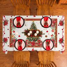 1pc Christmas Tree Holly Leaf Poinsettia Print Rectangular Tablecloth, Suitable For Holiday, Party, Birthday, Dinner, Restaurant Table Decoration, Christmas Home Autumn/Winter Decor - Multicolor - View 6