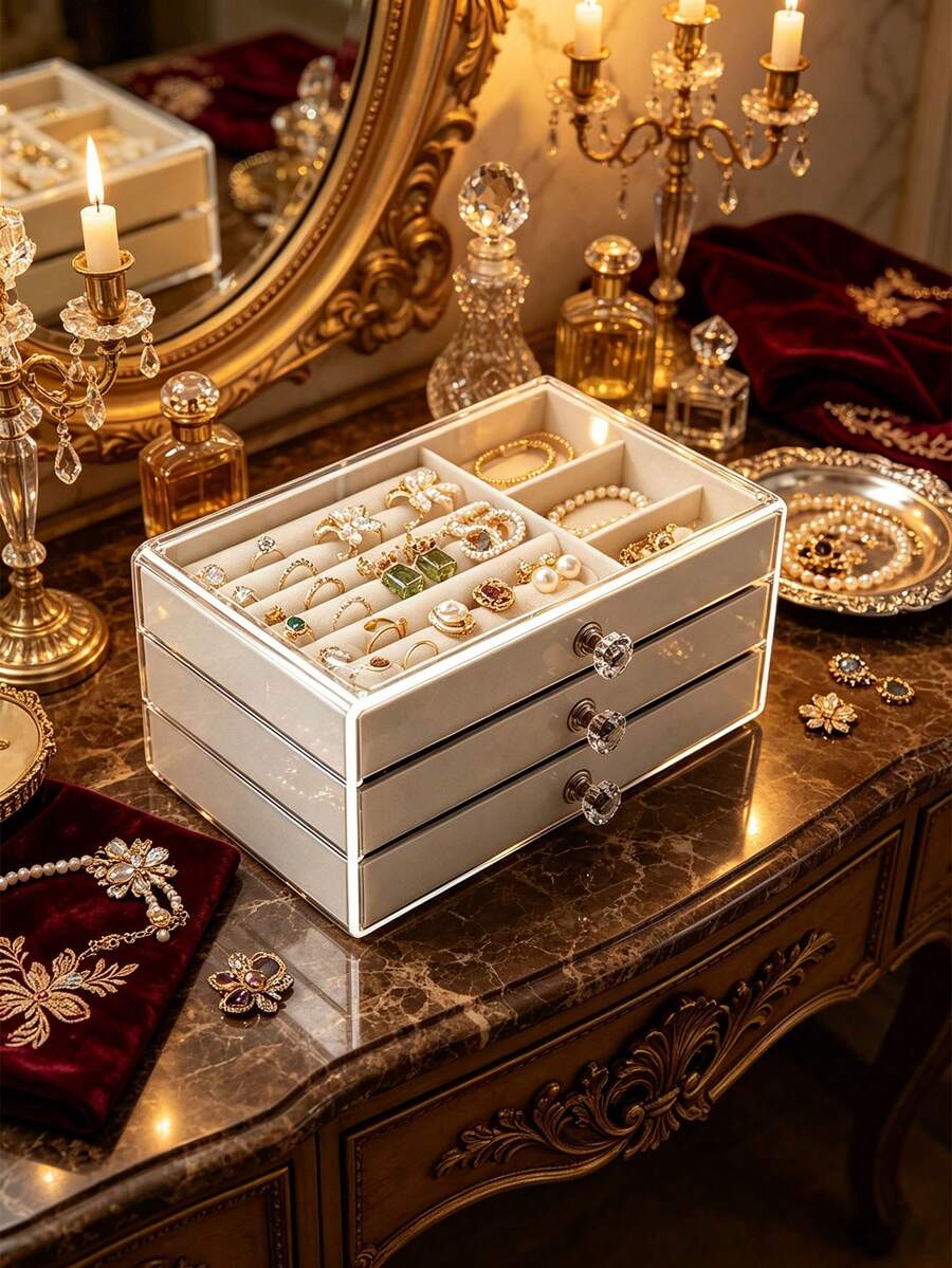 1pc 3-Layer Transparent Acrylic Jewelry Box, Multi-Layer Drawer Style, Acrylic, Anti-Oxidation, Desktop Jewelry Storage Box, Drawer Vanity Jewelry Organizer, Desktop Drawer Storage Box, Stackable Storage Box, Jewelry Earrings, Necklaces, Bracelets - Multicolor - View 1