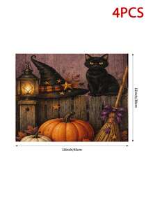 Halloween Table Runner, Throw Pillow, Placemat, Witch Hat Black Cat Vintage Purple Long Table Runner, Pumpkin Lantern Broom Star Moon Pattern, Kitchen Dining Table Halloween Party Decoration - Multicolor - View 12