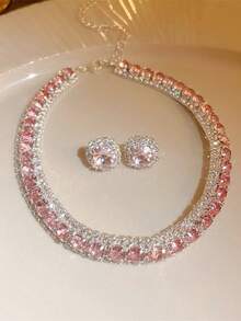 1 Set Collar De Cristal Y Juego De Joyas De Pendientes - Rosa - Ver 1