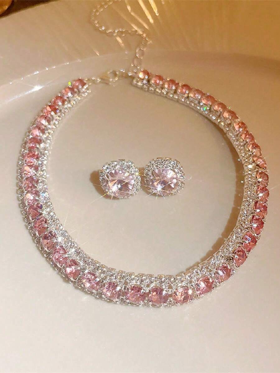 1 Set Collar De Cristal Y Juego De Joyas De Pendientes - Rosa - Ver 1