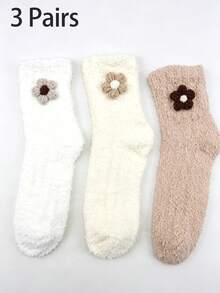1/3 Pairs Women Warm Fuzzy Crew Socks, Cute 3D Flower Decor Cozy Fluffy Plush Socks, Soft Winter Home Sleeping Slipper Socks - Multicolor - View 12