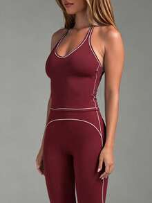 Women's Casual Contrast Racerback Sport 2 Pieces Set,Sleeveless Tank Skinny Tops,High Waist Activewear Flare Pants,For Yoga,Gym,Thanksgiving,Christmas - Burgundy - View 5