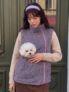 Women's Casual Wool Fleece High Neck Zip-Up Pocket Loose Jacket, Essential For Pet Owners, Autumn/Winter Outfit - Purple - View 6