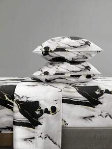 4-Piece White Black Gold Marble Pattern Bedding Set, Easy Care Soft Bedding Set, Customized Bed Sheet Set (1 Flat Sheet + 1 Fitted Sheet + 2 Pillowcases), King/Queen/Full/Double Size, Deep Pocket Up To 11.8 Inches, Back To School Dorm Bedding - Black and White - View 1
