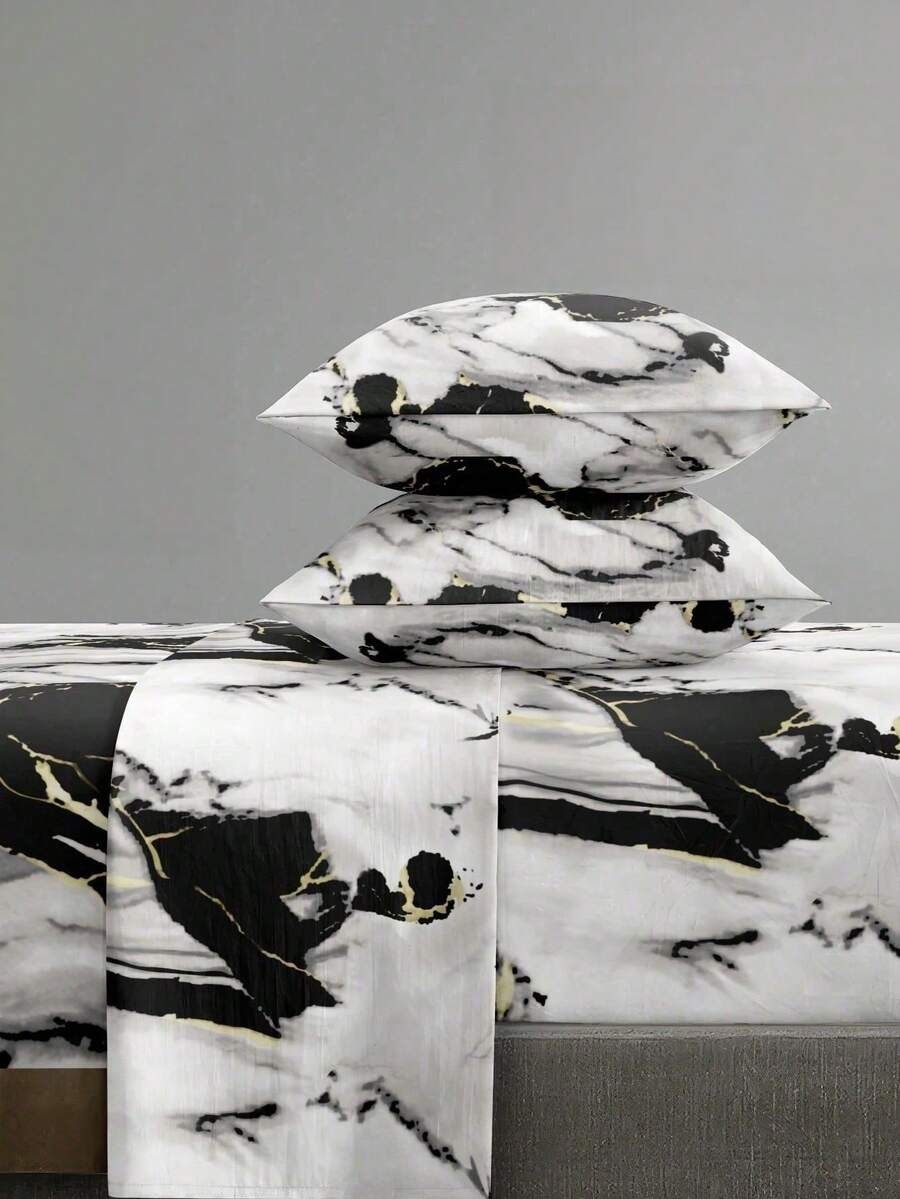 4-Piece White Black Gold Marble Pattern Bedding Set, Easy Care Soft Bedding Set, Customized Bed Sheet Set (1 Flat Sheet + 1 Fitted Sheet + 2 Pillowcases), King/Queen/Full/Double Size, Deep Pocket Up To 11.8 Inches, Back To School Dorm Bedding - Black and White - View 1