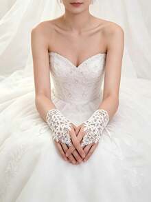 1 Pair White Short Rhinestone Lace Fingerless Gloves, Bridal Embroidered Lace Gloves With Ties, Elegant Accessory For Wedding, Banquet, Party, Performance, Birthday, Holiday Events - Multicolor - View 8