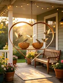 Rusty Metal Heart-Shaped Bird Feeder, Dual Bowl Design, Vintage Distressed Bird Food And Water Dual-Use Feeder, Hanging Design Suitable For Trees And Backyard Gardens, European Courtyard Landscape Country Style Outdoor Decor - Multiple Styles - View 9