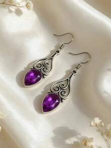 1 Pair Vintage Bohemian Style Purple Rhinestone Teardrop Geometric Hollow Pendant Earrings, Suitable For Women's Daily, Party, Travel Wear Jewelry Gift - Silver - View 6