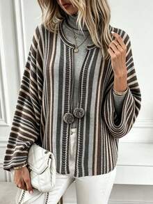 Plus Size Casual Fashion Contrast Color Cape-Style Knit Cardigan With Pom Poms, Long Sleeve - Multicolor - View 1