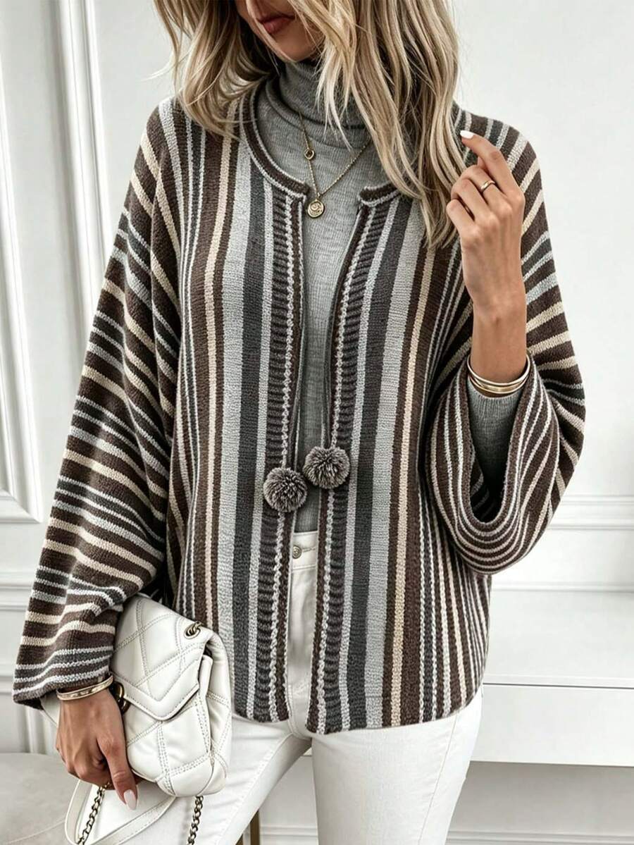 Plus Size Casual Fashion Contrast Color Cape-Style Knit Cardigan With Pom Poms, Long Sleeve - Multicolor - View 1